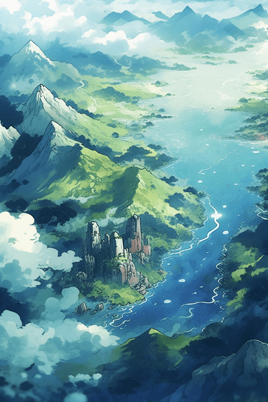 AI generated: Digital illustration, Aerial view, a mysterious anime landscape, with a calm expression, highlightin...