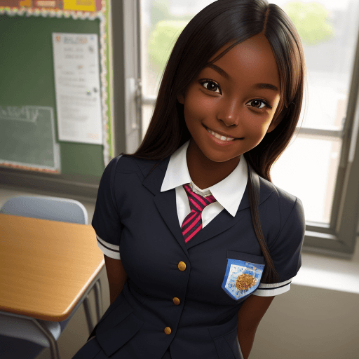 AI generated: beautiful girl, dark skin, short school uniform, smile, 