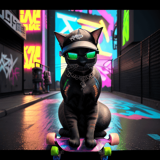 AI generated: Create a cyberpunk masterpiece: Picture a cat, cool and confident on a skateboard, adorned with a ba...