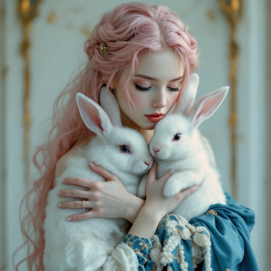 AI generated: images of pink hair woman with her rabbit, in the style of ethereal beauty, porcelain, dark white an...