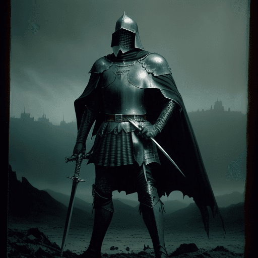 AI generated: A knight in a rugged cape with two sword standing in a destroyed landscape, 80s dark fantasy, dark f...