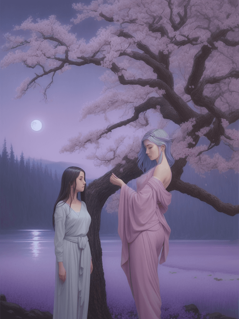 AI generated: moonlight next to flowering tree, painting, Bay Area figurative art style, pale pink, realistic figu...
