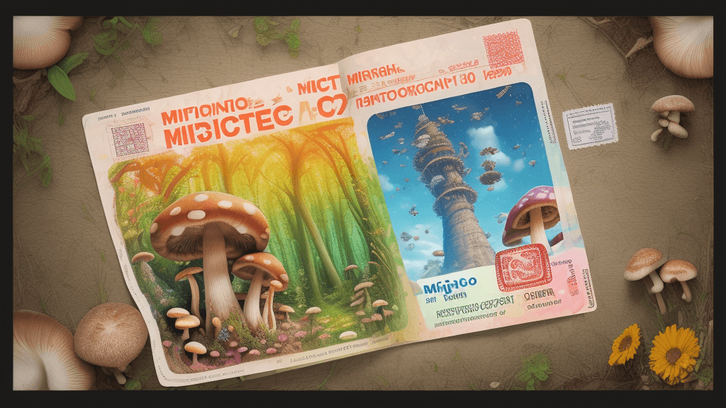 AI generated: High resolution scan of air ticket, with name Miguel, with mushrooms, happiness, colorful; 8k, intri...