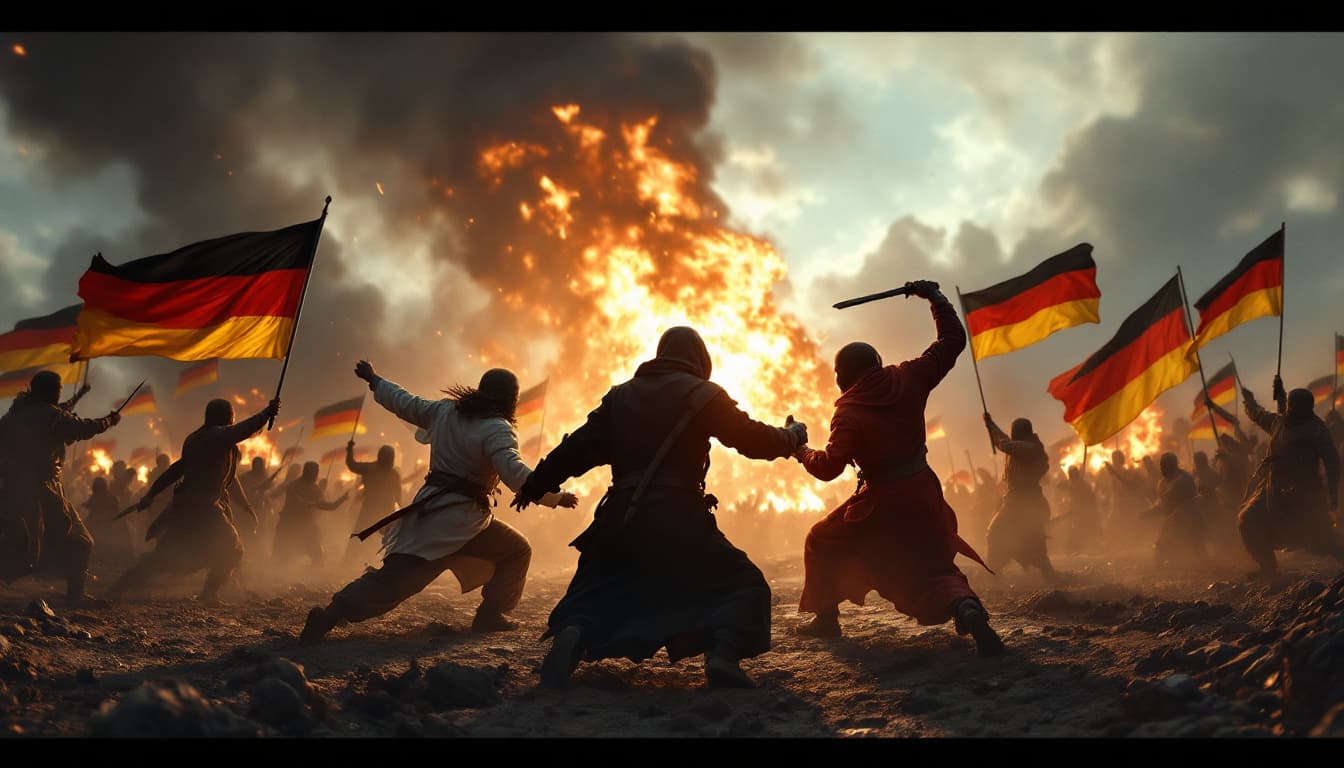 AI generated: epic scene of Christians and Muslims fighting together against evil terrorists, German flags can be ...