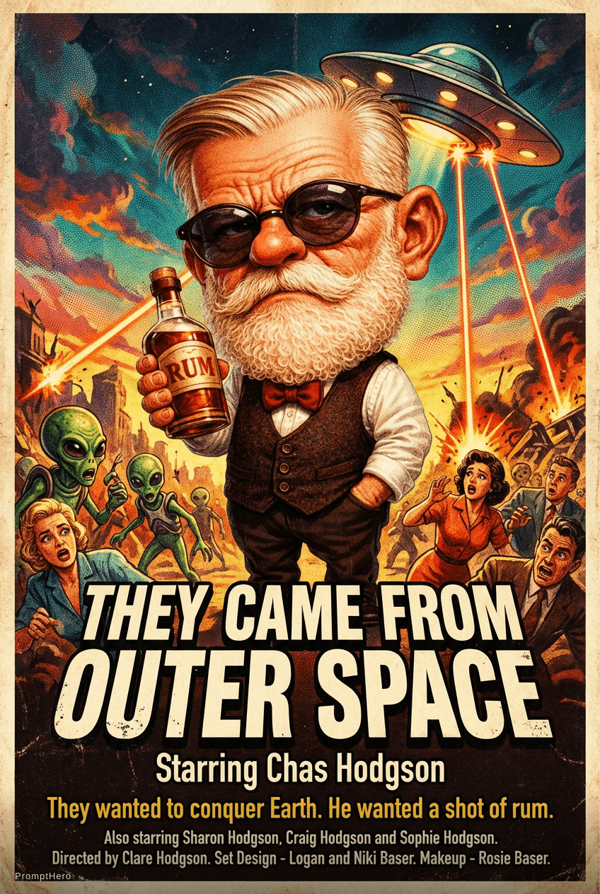 AI generated: They Came From Outer Space, Starring Chas Hodgson, They wanted to conquer Earth. He wanted a shot of...