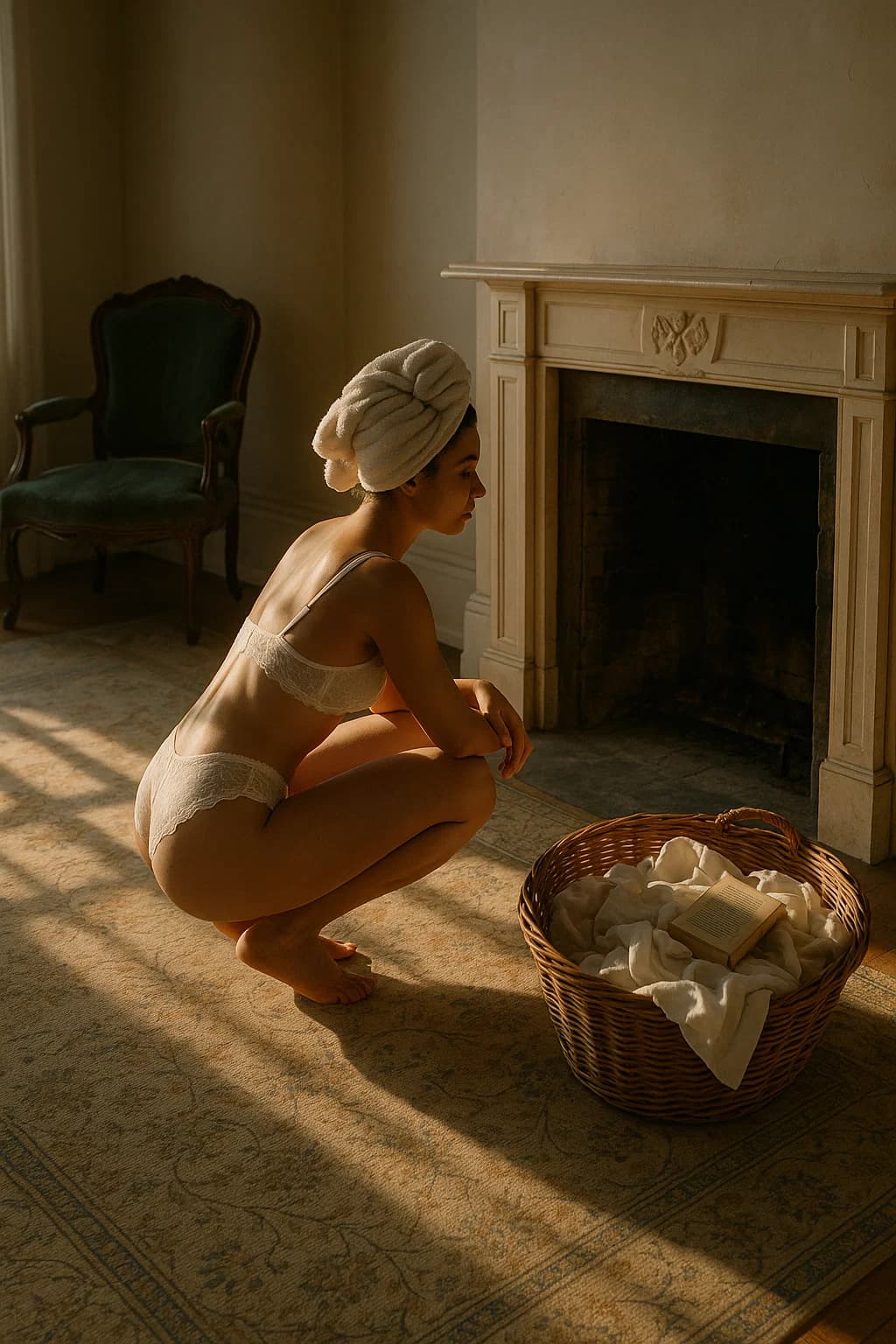 AI generated: A wide-angle, slightly elevated shot of a serene, sun-drenched private room. The woman, her hair wra...