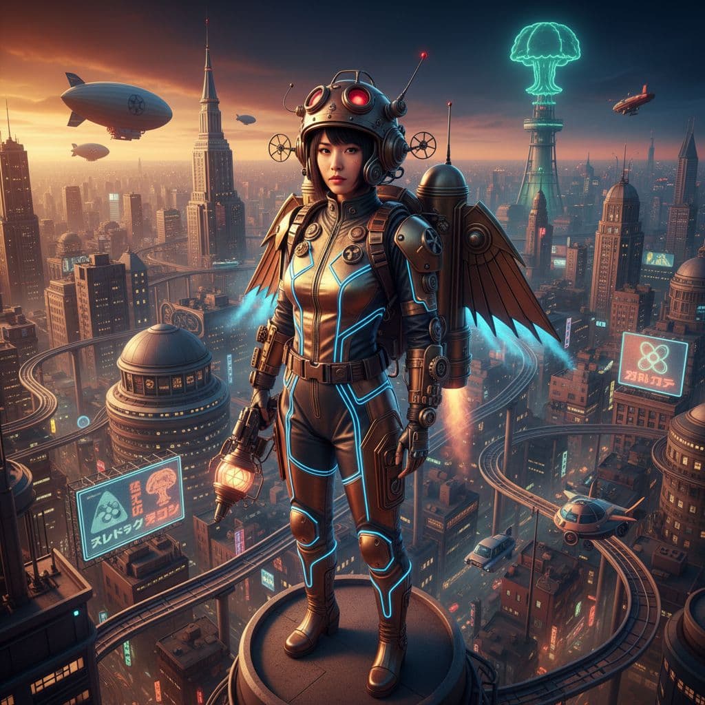 AI generated: A 30-year-old Japanese beauty. Atompunk, Whole body image, High Angle Shot, cinematic shot, Center t...