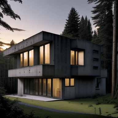 AI generated: A realistic photo of a house in brutalist style, where the walls are predominantly made of windows. ...