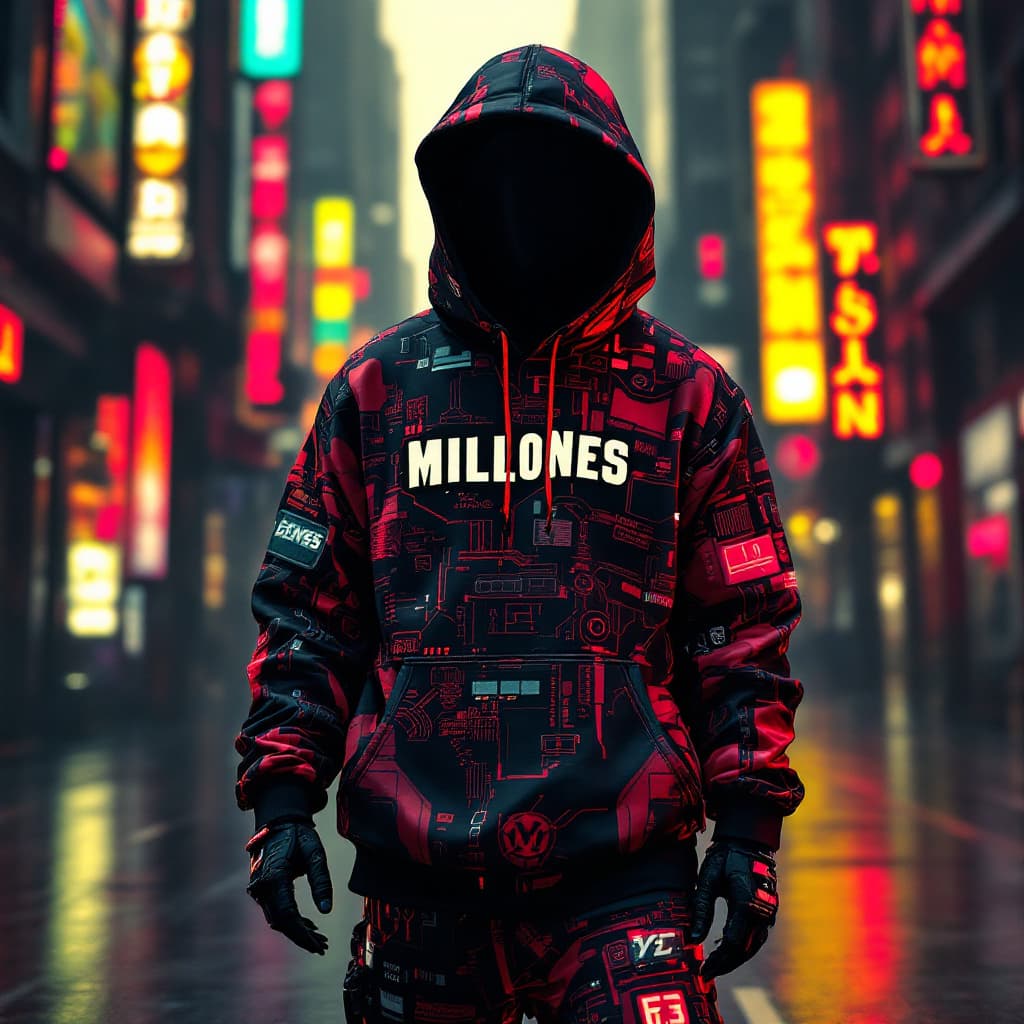AI generated: cyberpunk GTA CHARACTER,  WEARING A HOODIE WITH THE TEXT "MILLONES" ON THE HOODIE, techwear streetwe...