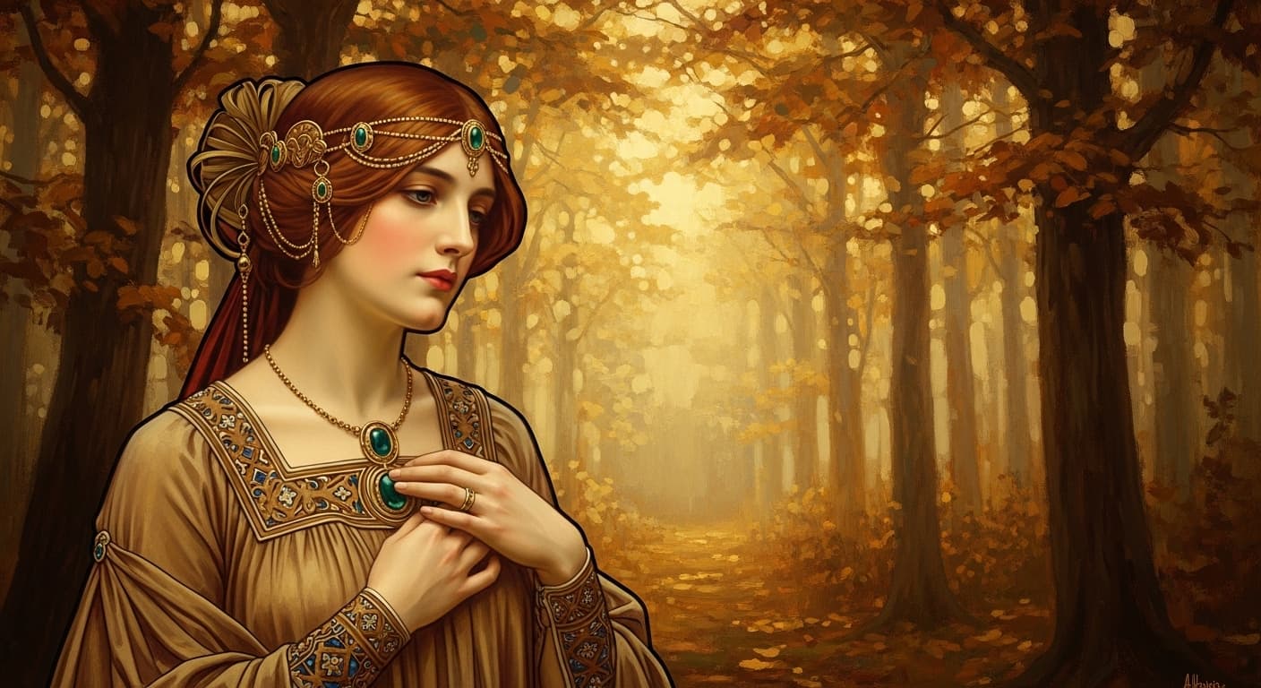 AI generated: "A fusion of Alphonse Mucha+John William Waterhouse+tonalism where subjects display idealized natura...