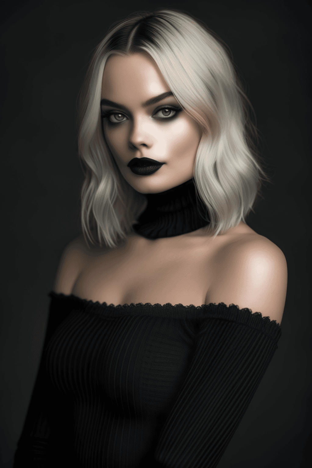 AI generated: professional portrait, Margot Robbie as goth girl, Elvira the mistress of darkness, a girl wearing a...