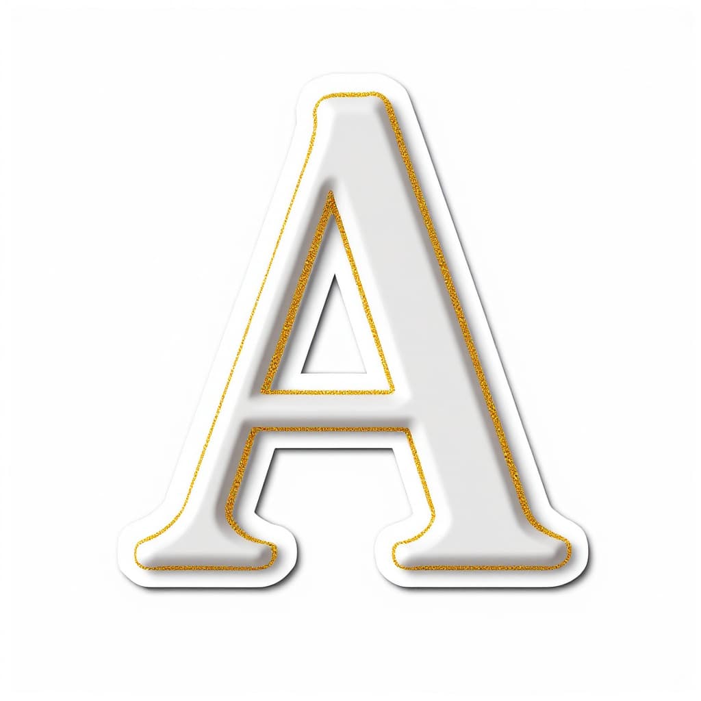 AI generated: 3D White letter "A" with gold glitter, white background, sticker style.
