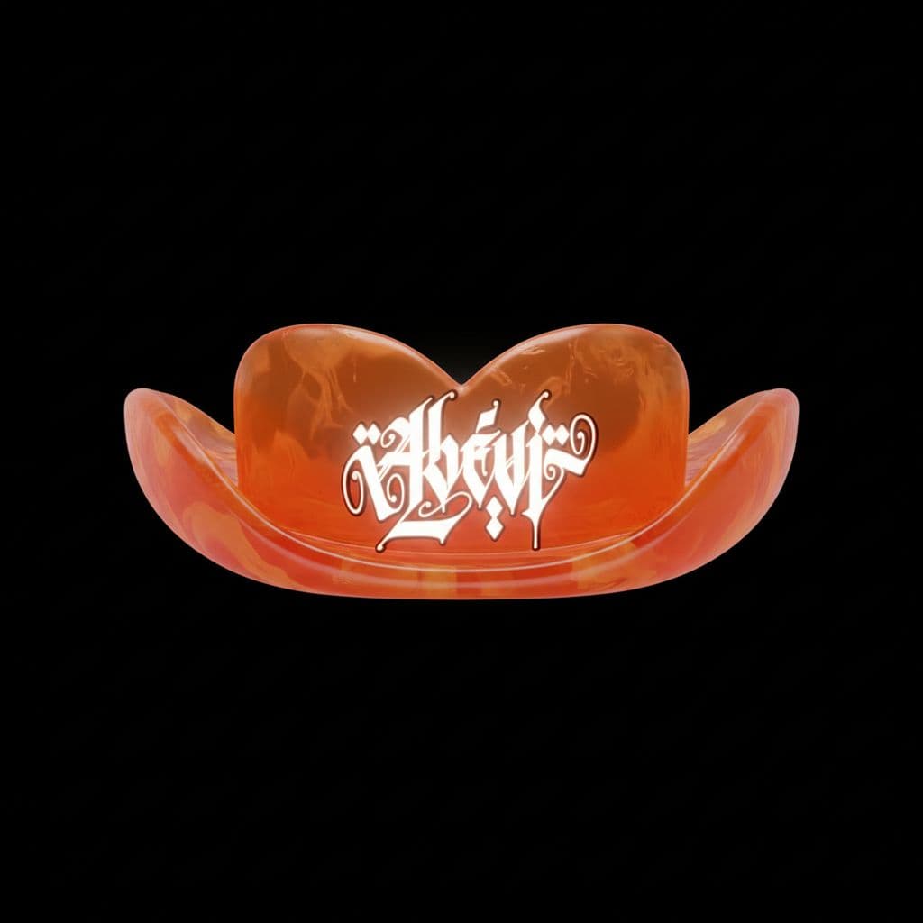 AI generated: PUT THIS LOGO IN THE MIDDLE ON A 3D HIGH QUALITY ORANGE MIXED MARTIAL ARTS MOUTHPIECE  RENDERING, GL...