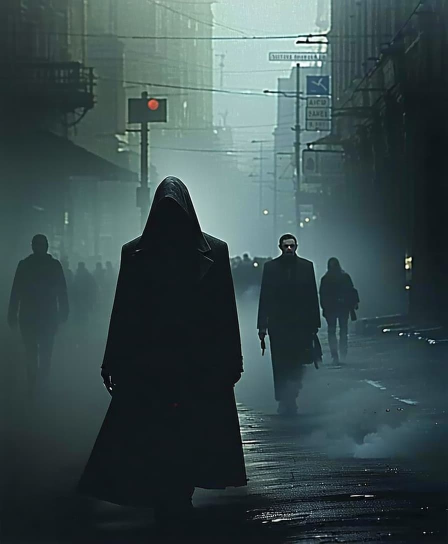 AI generated: In a surrealist dystopia, where the eerie ambiance of looming surveillance and terror prevails, the ...