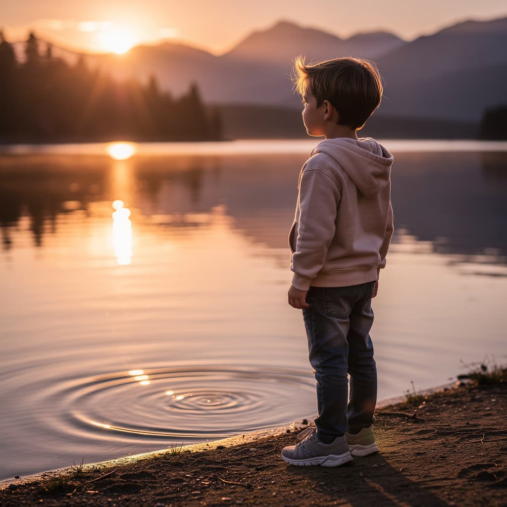 AI generated: A young boy standing quietly at the lakeside during golden hour, gentle ripples on the water reflect...