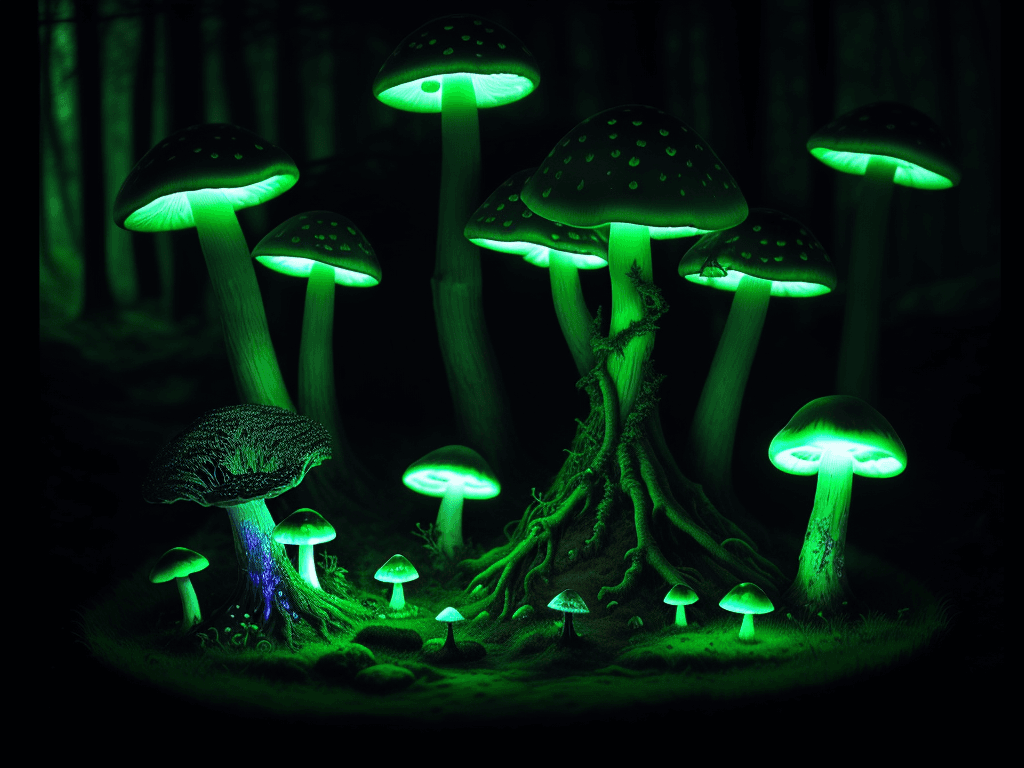 AI generated: close-up, fantasy punk, engraving, forest, ethereal, magic, (nighttime), (dark), glowing symbols, gl...