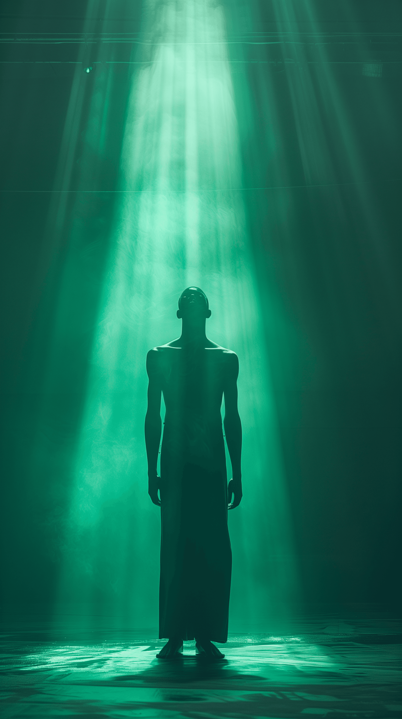AI generated: photography, front view, dark moody, atmospheric scene where a man model stands contemplatively, cas...
