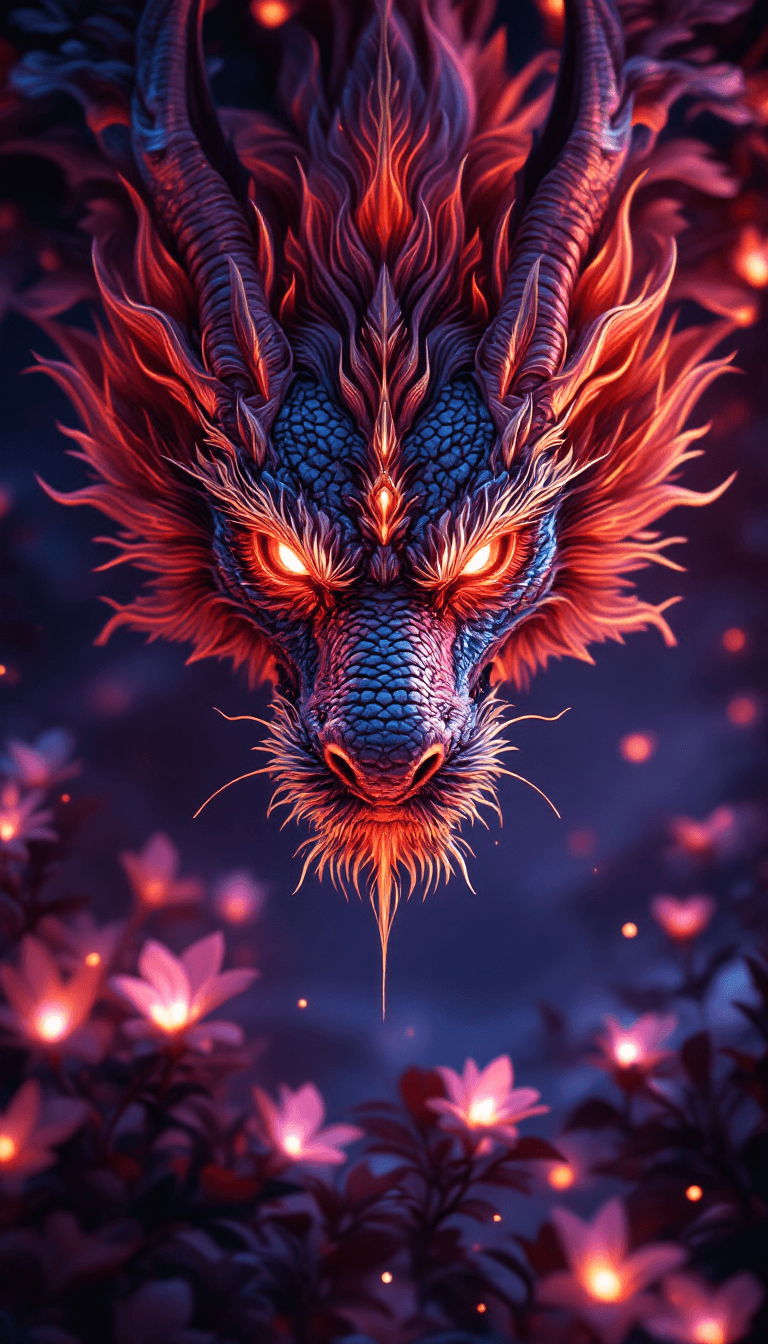 AI generated: A majestic Dragon face illuminated by the soft glow of luminescent plants, exuding an atmosphere of ...