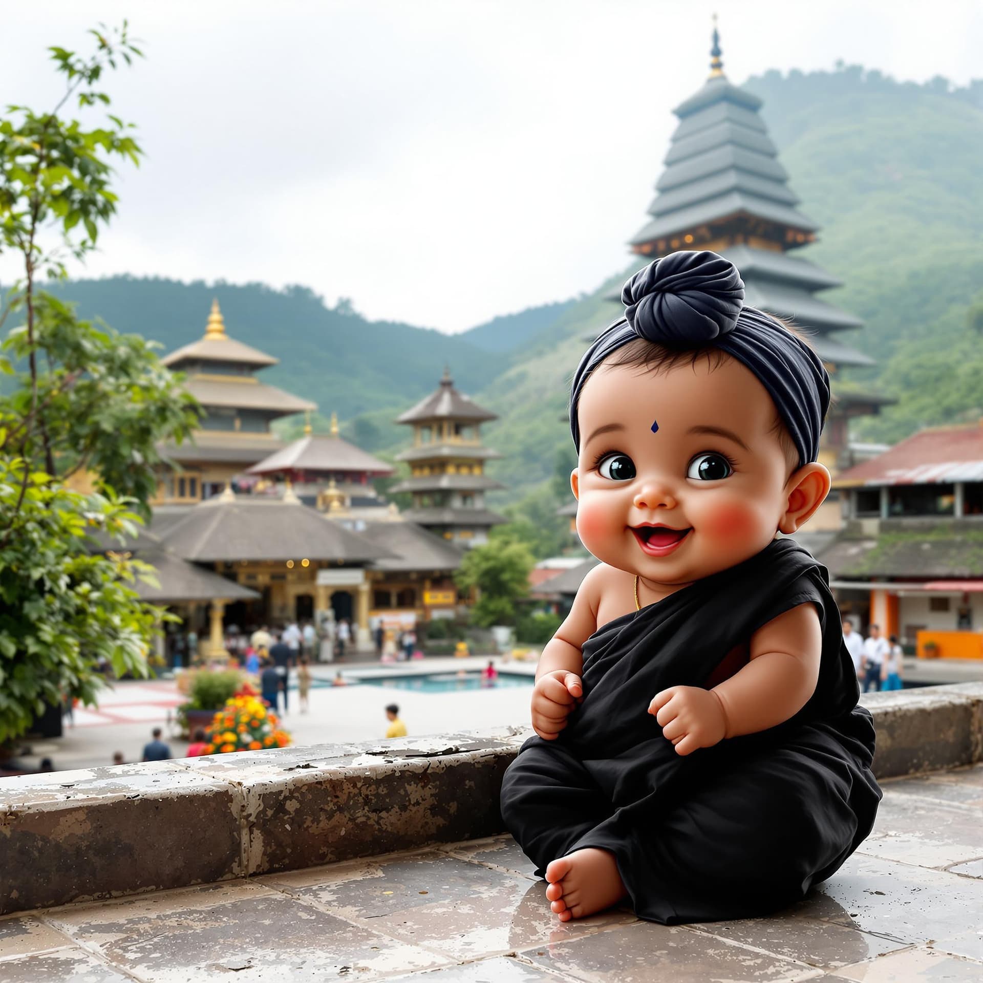 AI generated: Create an image of a cute, chubby baby from Kerala visiting the Sabarimala temple. The baby should b...