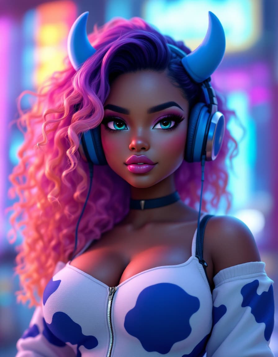 AI generated: curvy, Dark skin, dark skin anime girl, blue cow print, blue thick cow tail,  blue cow ears, 30s, CH...