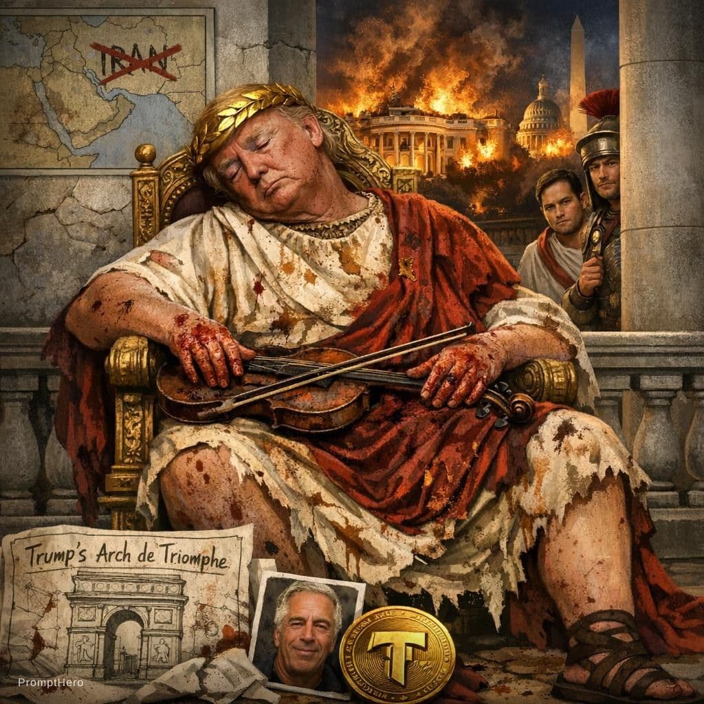 AI generated: Create an image of a sleeping Donald Trump dressed as Emperor Nero from Roman antiquity, asleep on a...