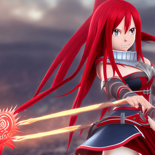 AI generated: Full body, Erza Scarlet full features, anime, Fairy tail, armor, visible logo, red hair, wizard guil...