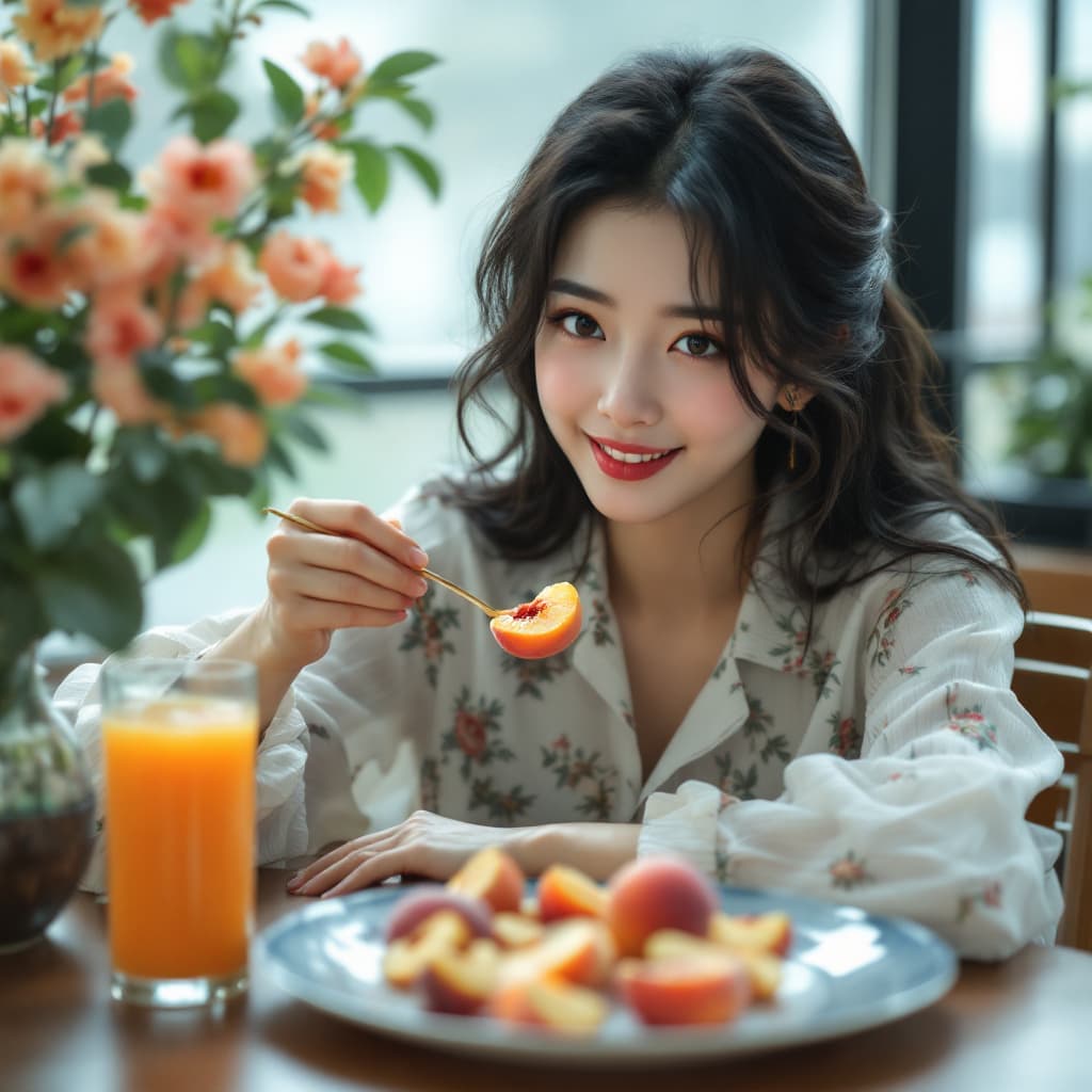 AI generated: a Japanese female,,a female sitting in table :1.3), (eating peach :1.3), (a large plate of peach and...