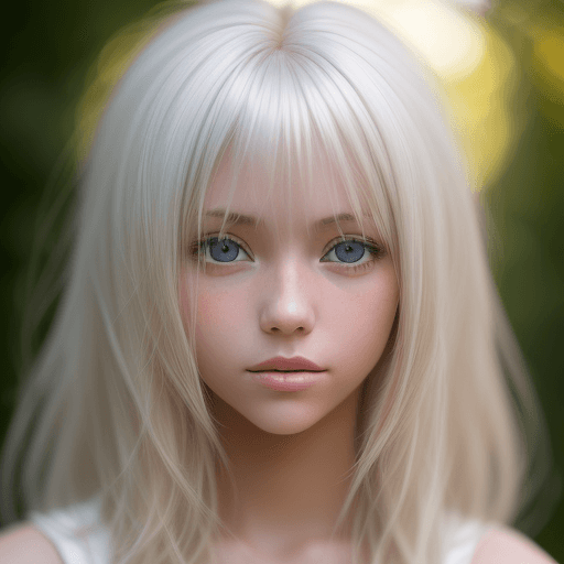 AI generated: photo featuring a girl model, blondy color hair, 300mm f/5. 8, light silver and white, optical, soft...