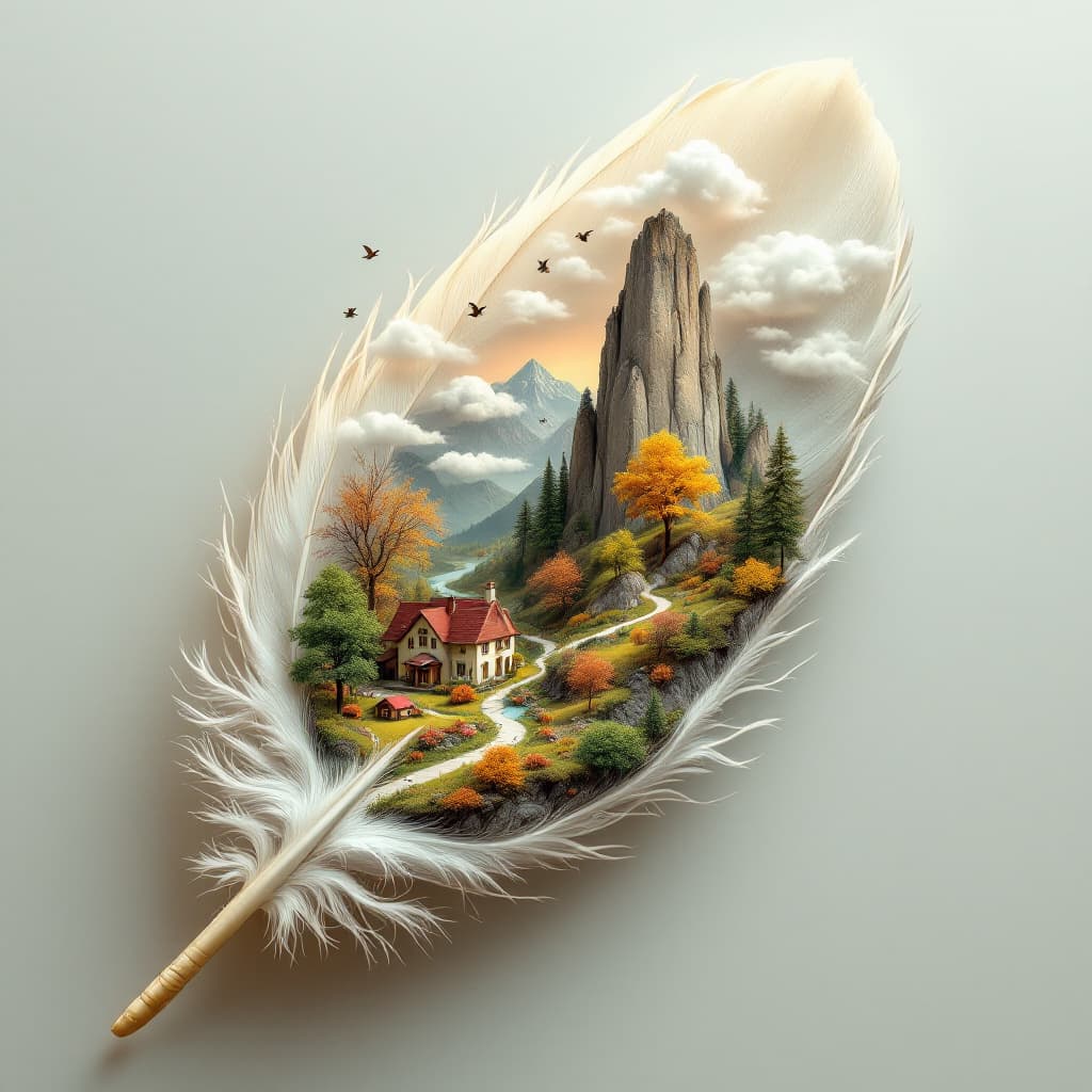 AI generated: A surreal and whimsical composition of a large, detailed feather containing an entire miniature land...