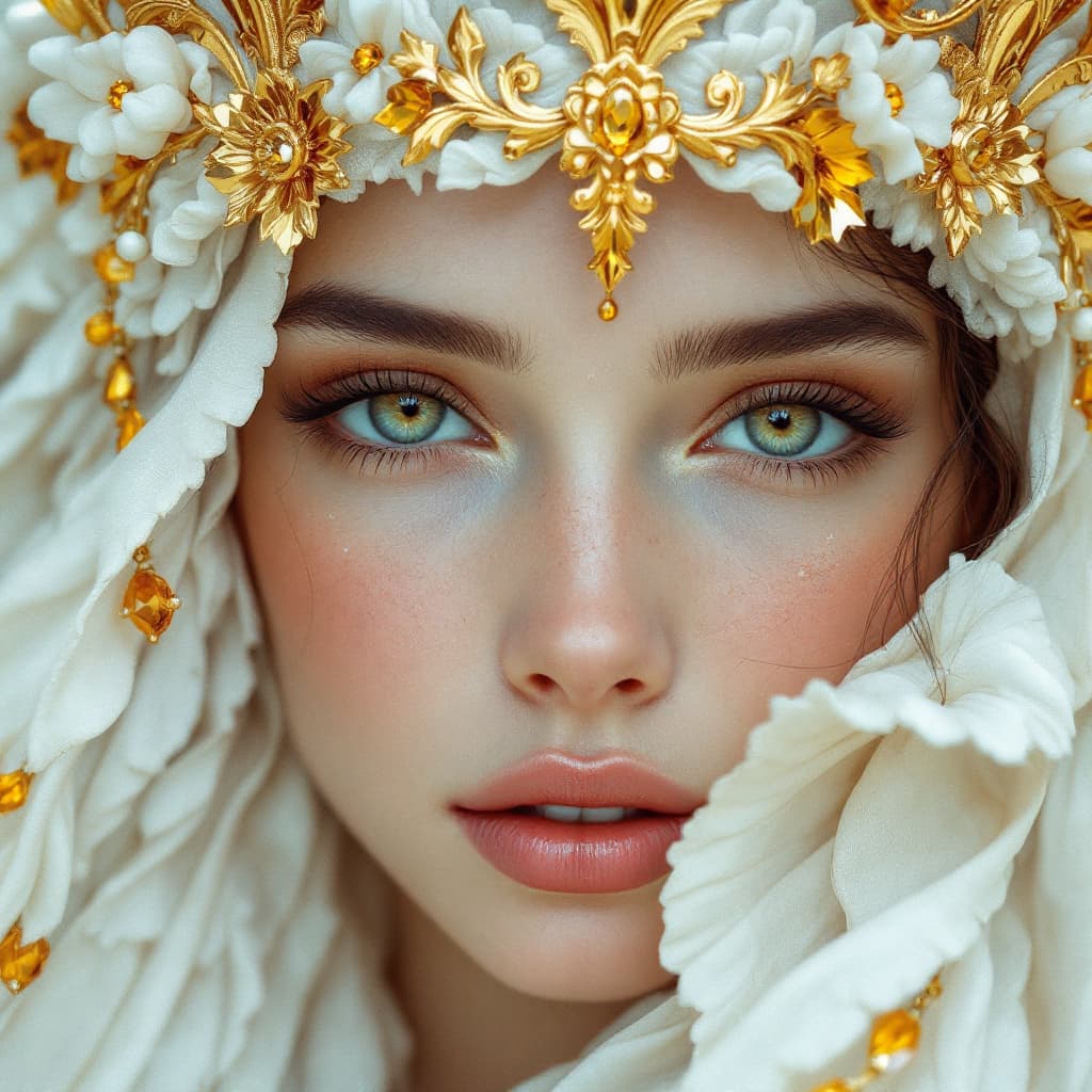 AI generated: the face of a woman dressed in angelic attire, in the style of light gray and light gold, vibrant il...