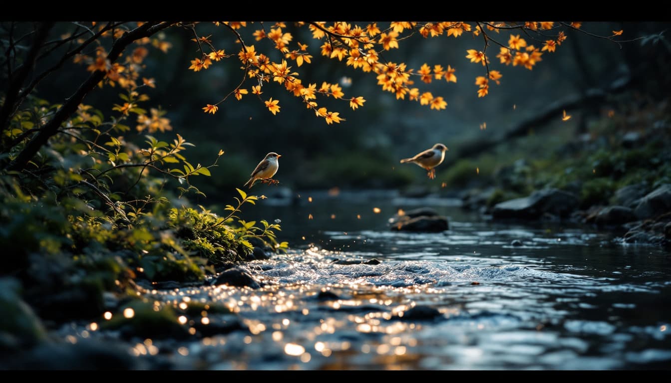 AI generated: bubbling brook, camera tracking the sound as sparrows perch on glowing branches above.
Mystical Stat...