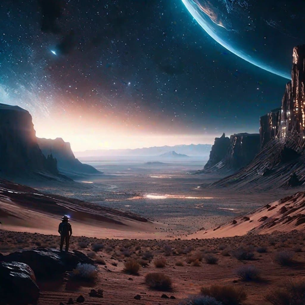 AI generated: An incredible detailed portrait of a vast alien landscape with a space cowboy stargazing, 8k, extrem...