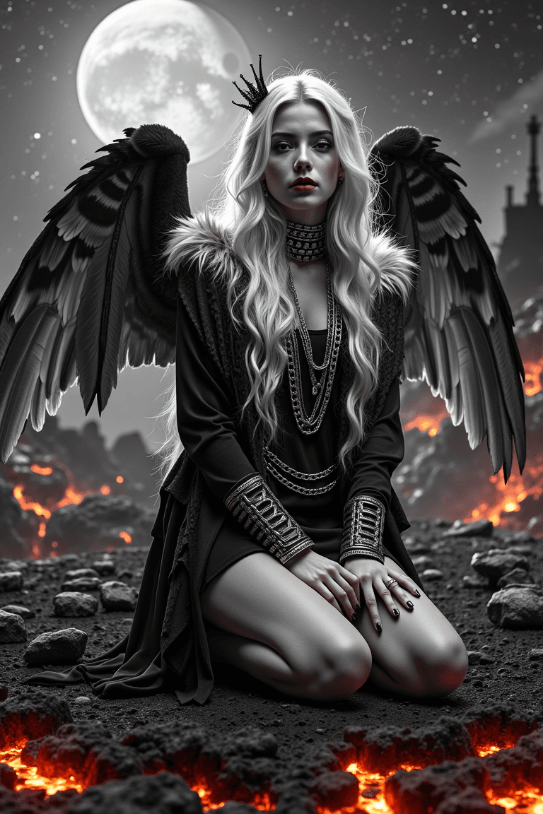 AI generated: Black and white portrait photography,a dark fantasy scene featuring a pale-skinned woman with long, ...