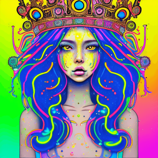AI generated: a drawing of a girl with long hair and a crown on her head, dripping in neon paint, psychedelic aest...