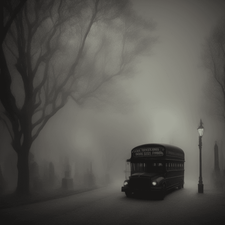 AI generated: angled view of a beautiful black school bus, Victorian Street, Dark Fairytale Aesthetic, intricate d...