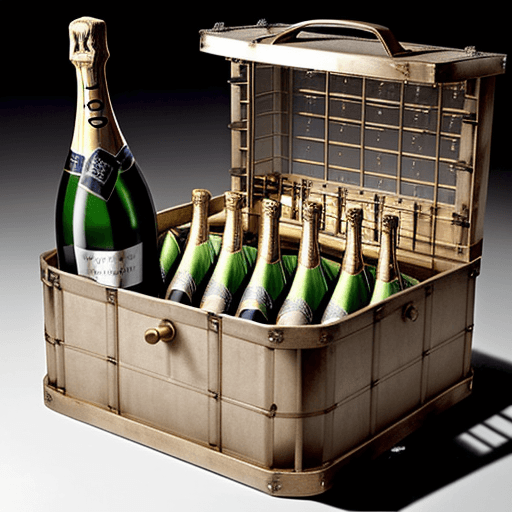 AI generated: A small transport cage with several bottles of champagne inside, which have burst and spilled their ...