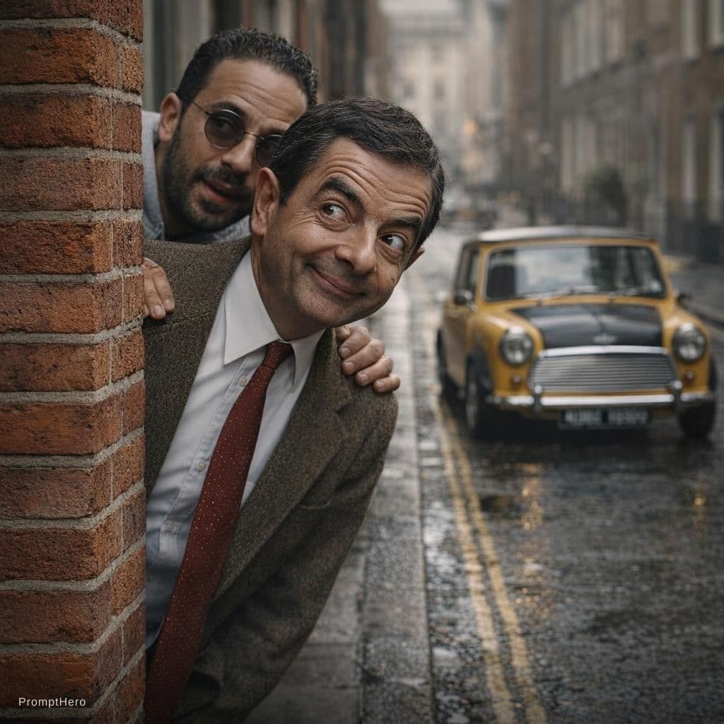 AI generated: Ultra photorealistic cinematic street scene in London, two men playfully peeking from behind a textu...