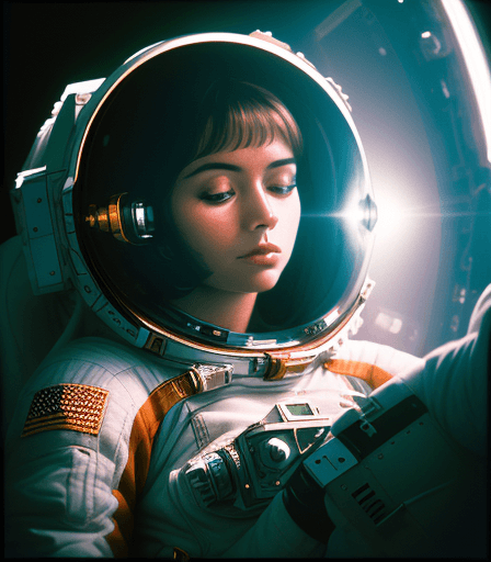 AI generated: woman in space, photograph shot with Kodak Portra 800, a Hasselblad 500C, 55mm f/ 1. 8 lens, extreme...