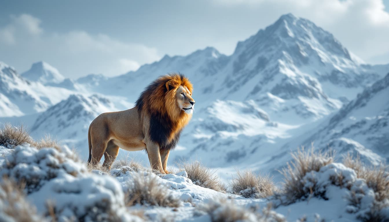 AI generated:  lion in snow mountain