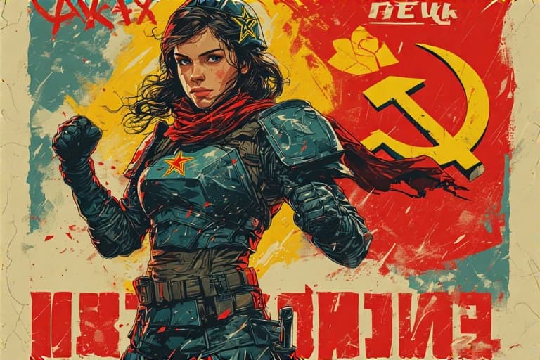 AI generated: A girl featured in a Soviet Union propaganda recruitment poster| Bold colors and striking design ele...