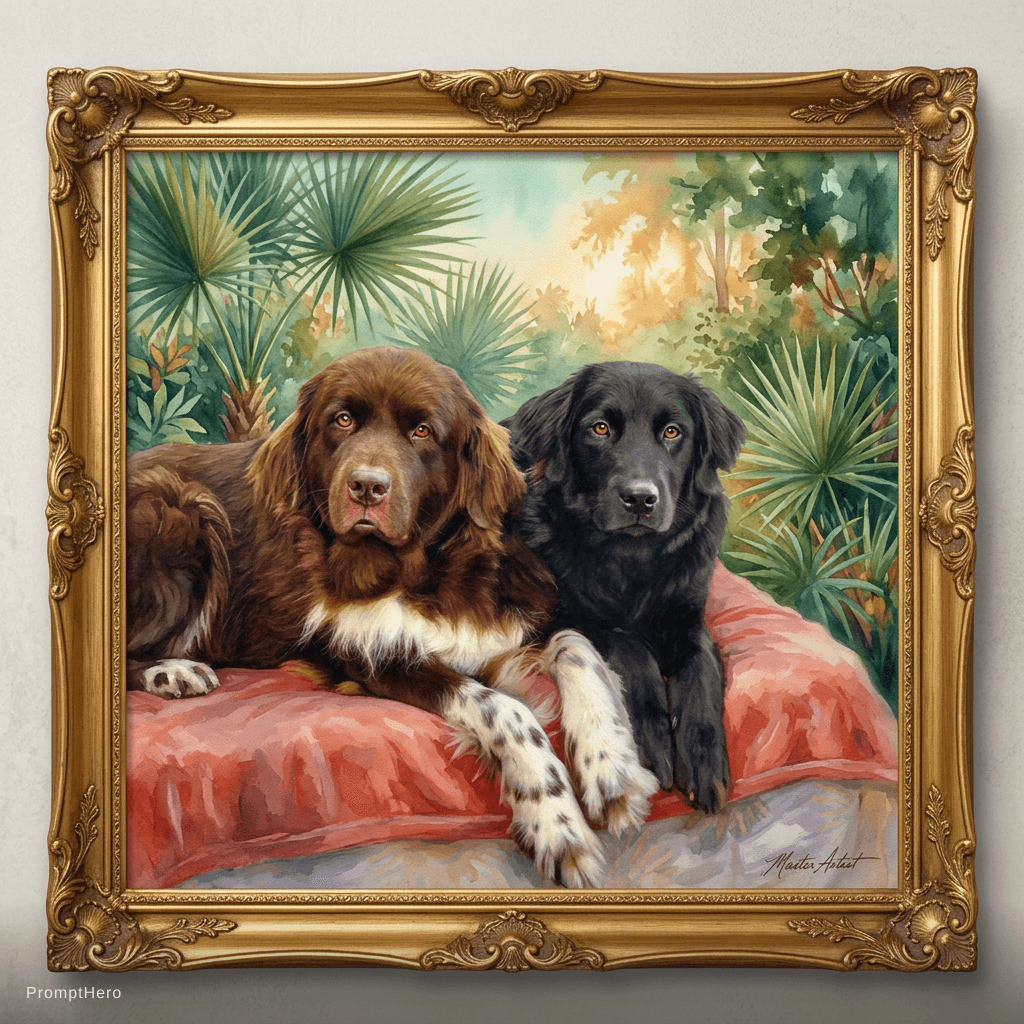 AI generated: Watercolor pet portrait please with Florida palm trees/greenery