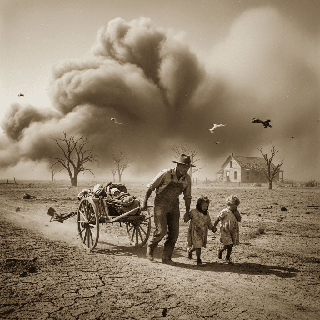 AI generated: "A Dust Bowl-era scene with a family struggling through a wind-blown Oklahoma landscape in the 1930s...