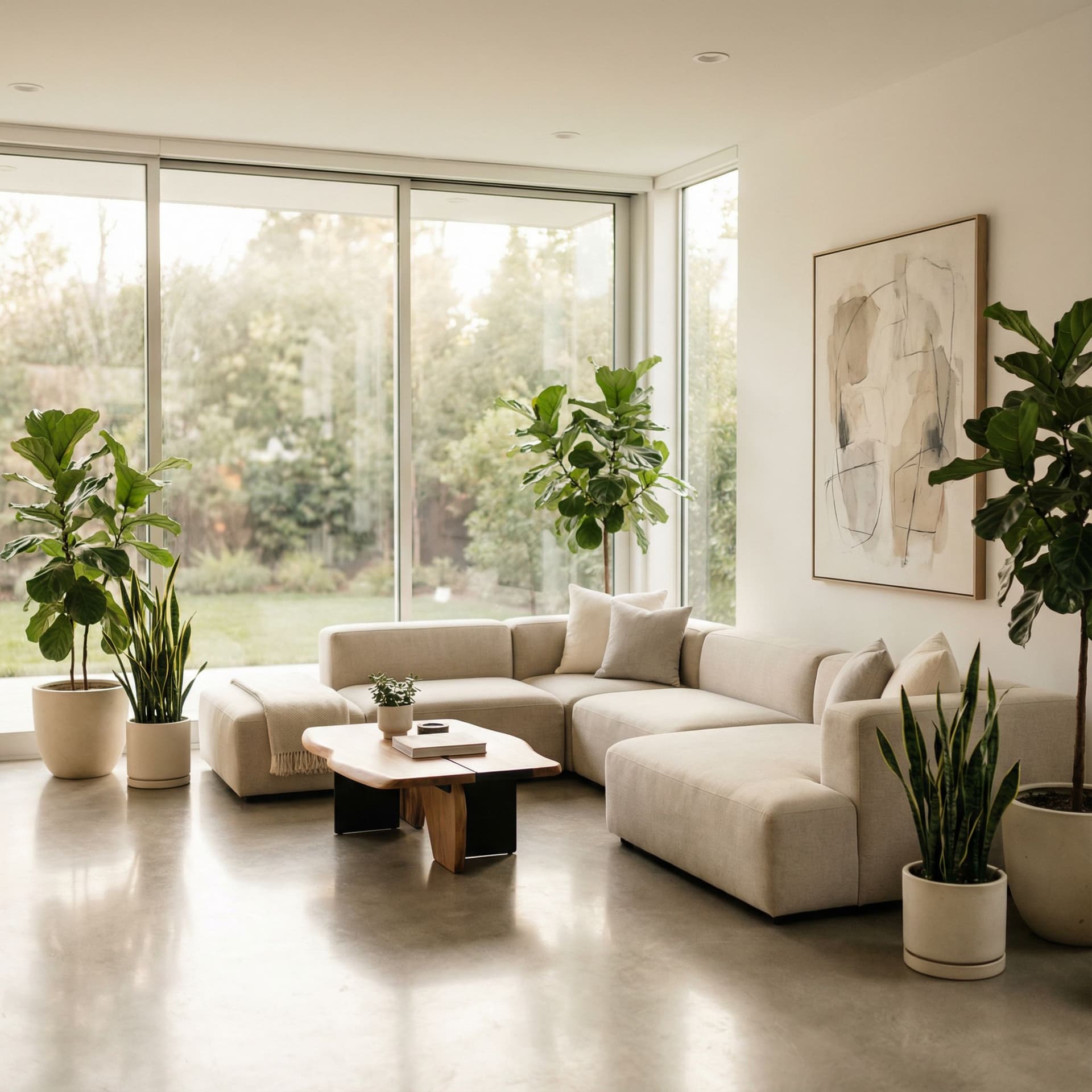 AI generated: A bright, ultra-modern living room with floor-to-ceiling windows, minimalist furniture, neutral colo...