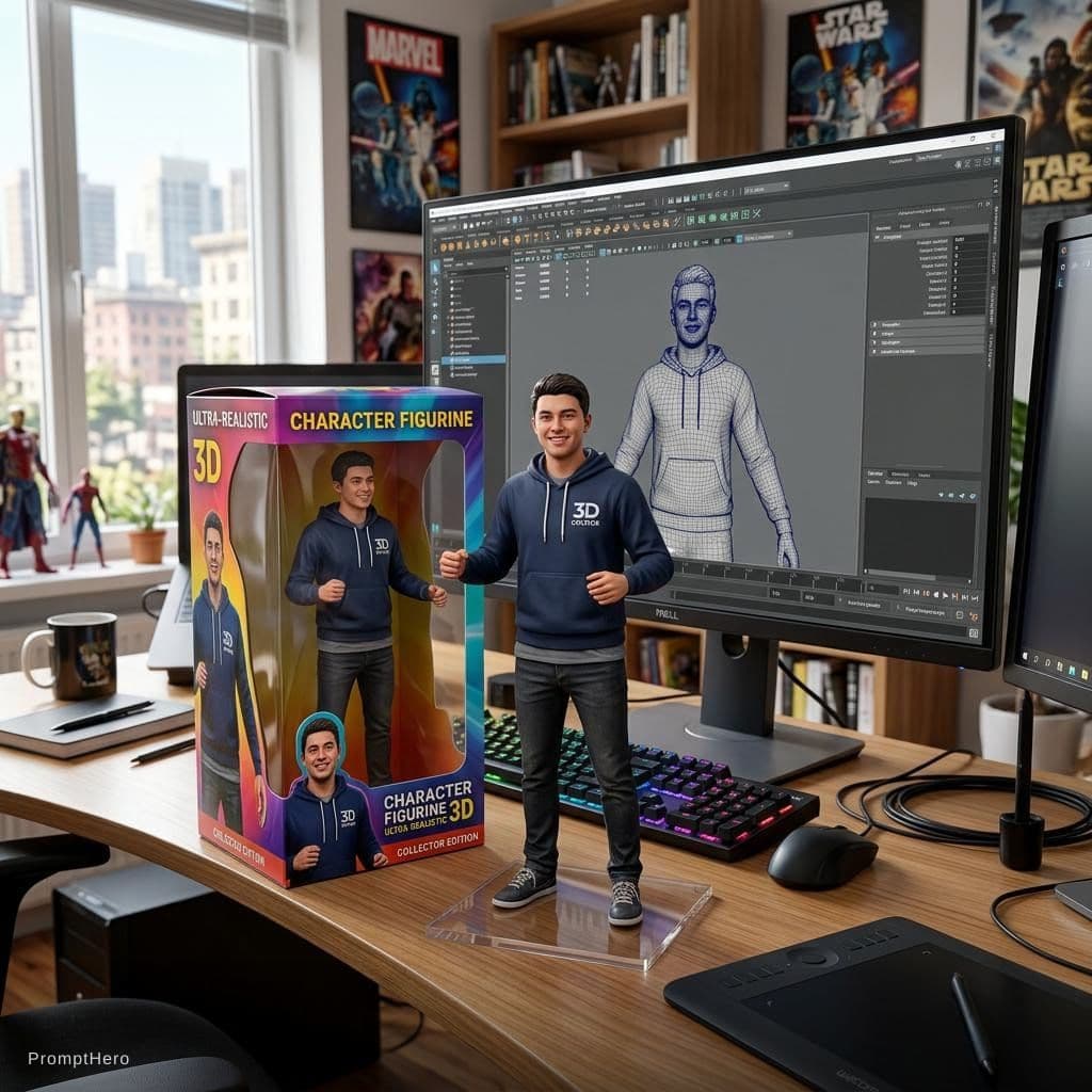 AI generated: Transforming the photographed person into a realistic 3D figurine in front of a computer desk. The c...