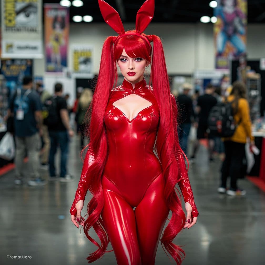 AI generated: very long luscious red glossy pigtails, instagram cosplay, bunnyear hairband, revealing latex leotar...