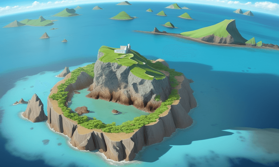 AI generated: bird's eye view of a cartoon island and the mainland in the background