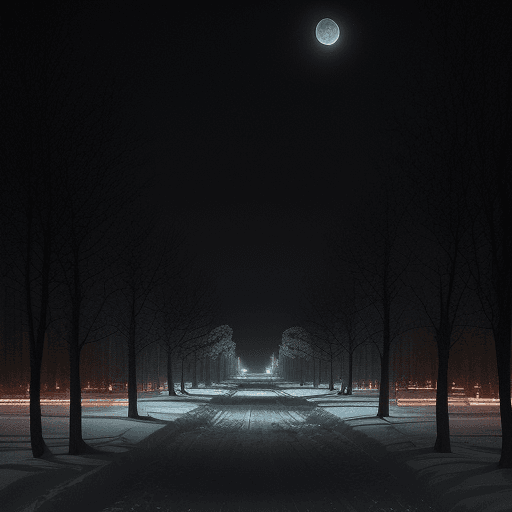 AI generated: night view of an avenue with trees and buildings, city in siberia, abandoned in 1950, illuminated on...