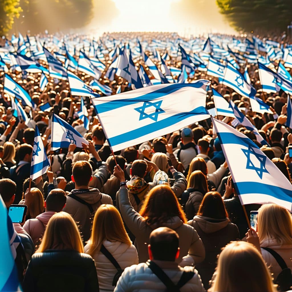 AI generated: An engaging aerial viewpoint reveals a throng of supporters energetically waving vivid Israeli flags...