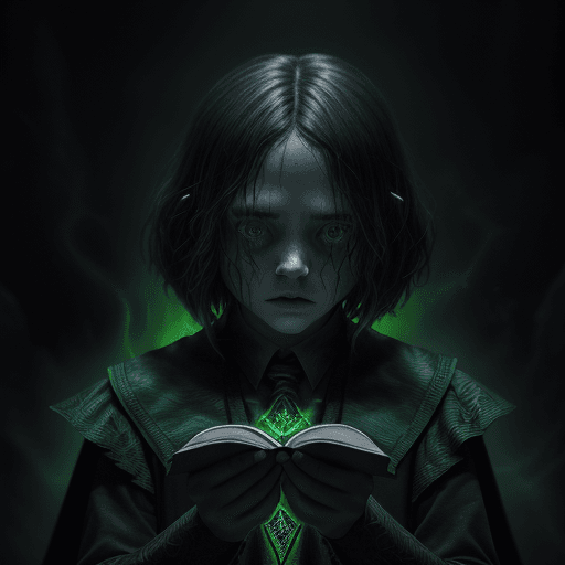 AI generated: A 12-year-old wizard who is head of Slytherin house and radiates a black aura on her left and a gree...
