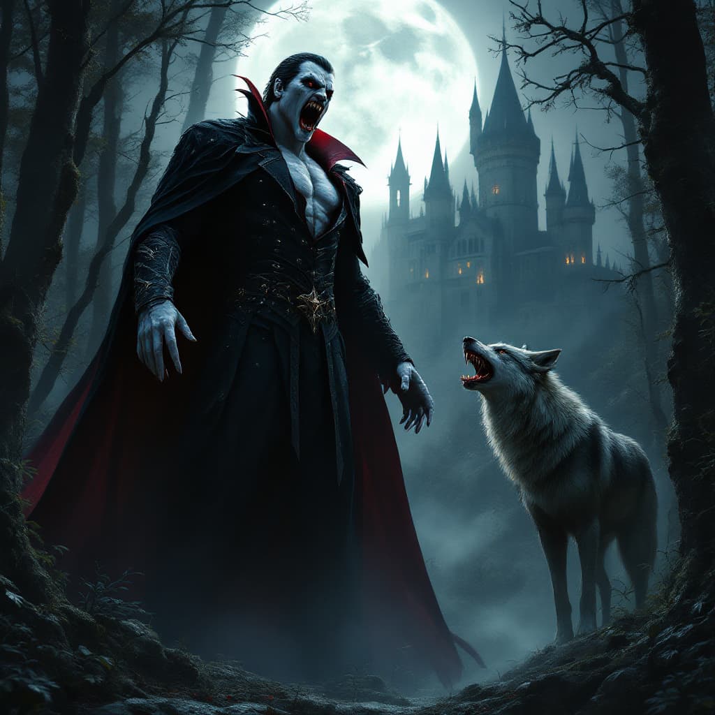 AI generated: highly detailed, realistic, Count Dracula, big fangs shining, tall, full body, powerfully build, hug...